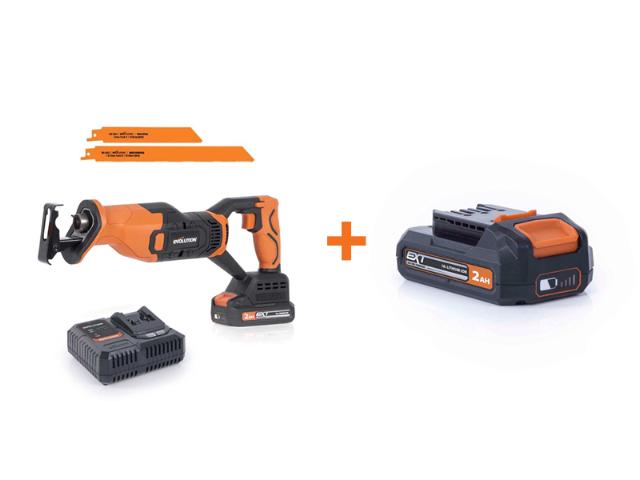 Chvostová AKU píla EVOLUTION R150RCP-Li s 2Ah batériou a nabíjačkou a ďalšou 2Ah batériou ZADARMO